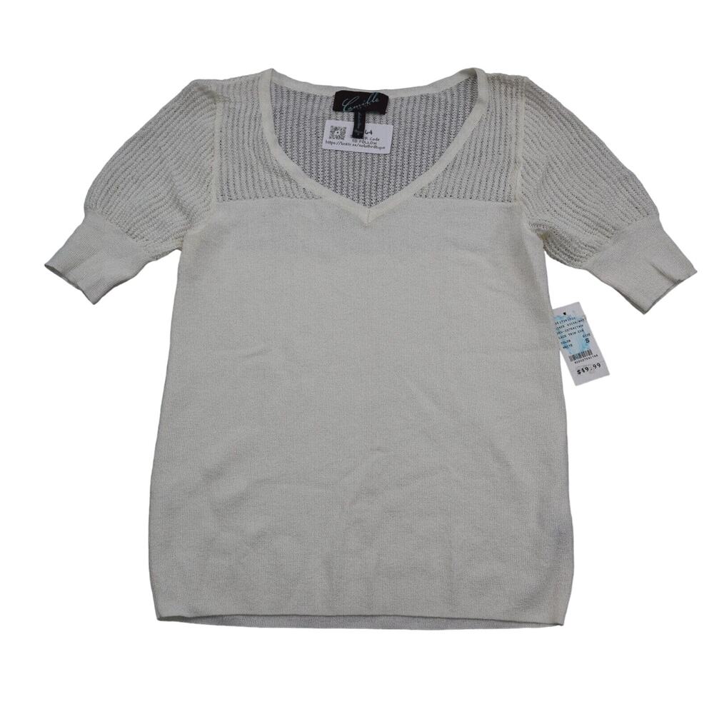 Camille La Vie Shirt Womens S White V Neck Short Sleeve Pull Over Casual Top